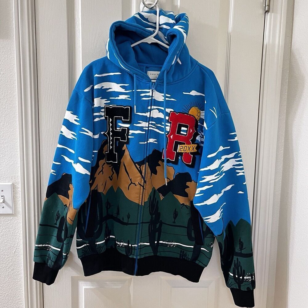 First Row Graphic Mountain Hoodie Full Zip Embroidered Applique Men's Size Large